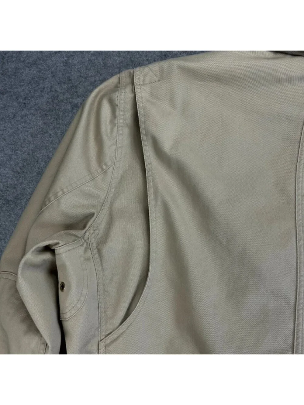 Duluth Trading Co Utility Blazer Jacket Mens XL Beige Cotton Long Sleeve “Read”